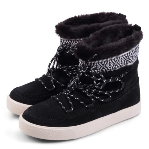 Toms Alpine Lace Up Boots 7.5 Black Suede Ankle Booties Comfort Faux Fur - Picture 1 of 6